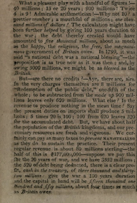 A Laughable Economic Estimate of the Cost of the War of 1812 from the Niles Register